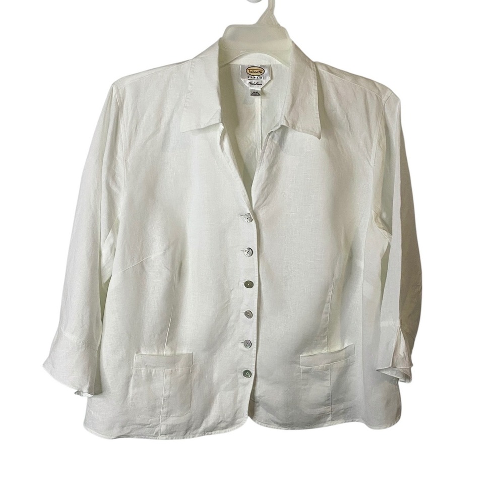 Talbots Woman White 100% Irish Linen 3/4 Sleeve Shirt Jacket Plus Size 16 W